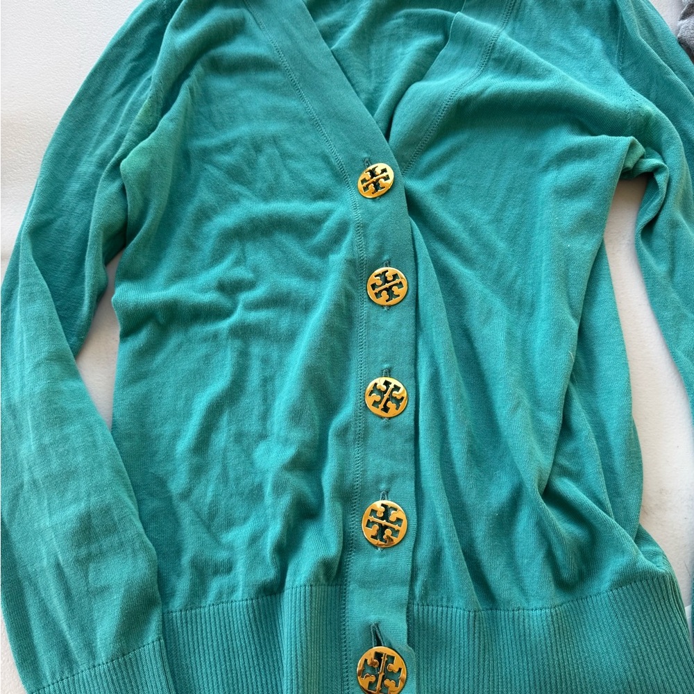 Tory Burch Turquoise Cardigan with Gold Accents